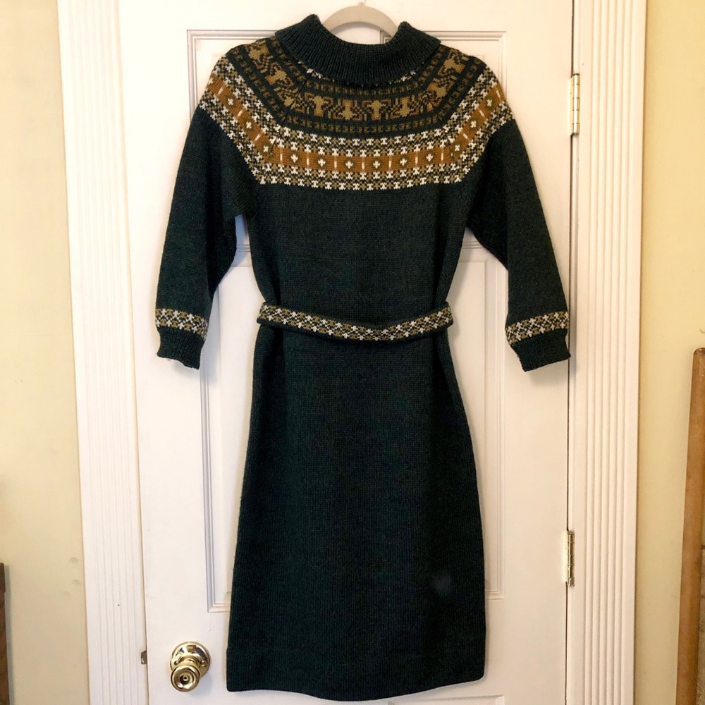 Vintage knit wool sweater dress, dark green - Picture 3 of 12
